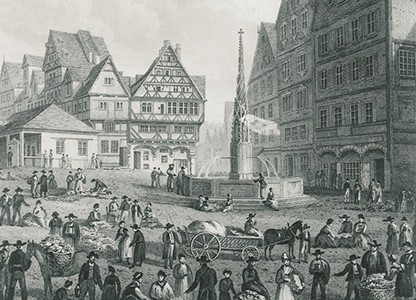 Seeberger Ulmer Marktplatz mit Brunnen und  Menschen